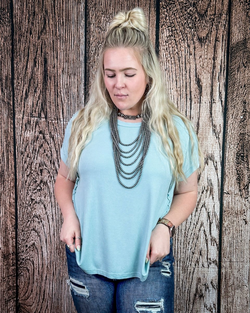 Canyon Fade Washed Ribbed Top in Dusty Aqua