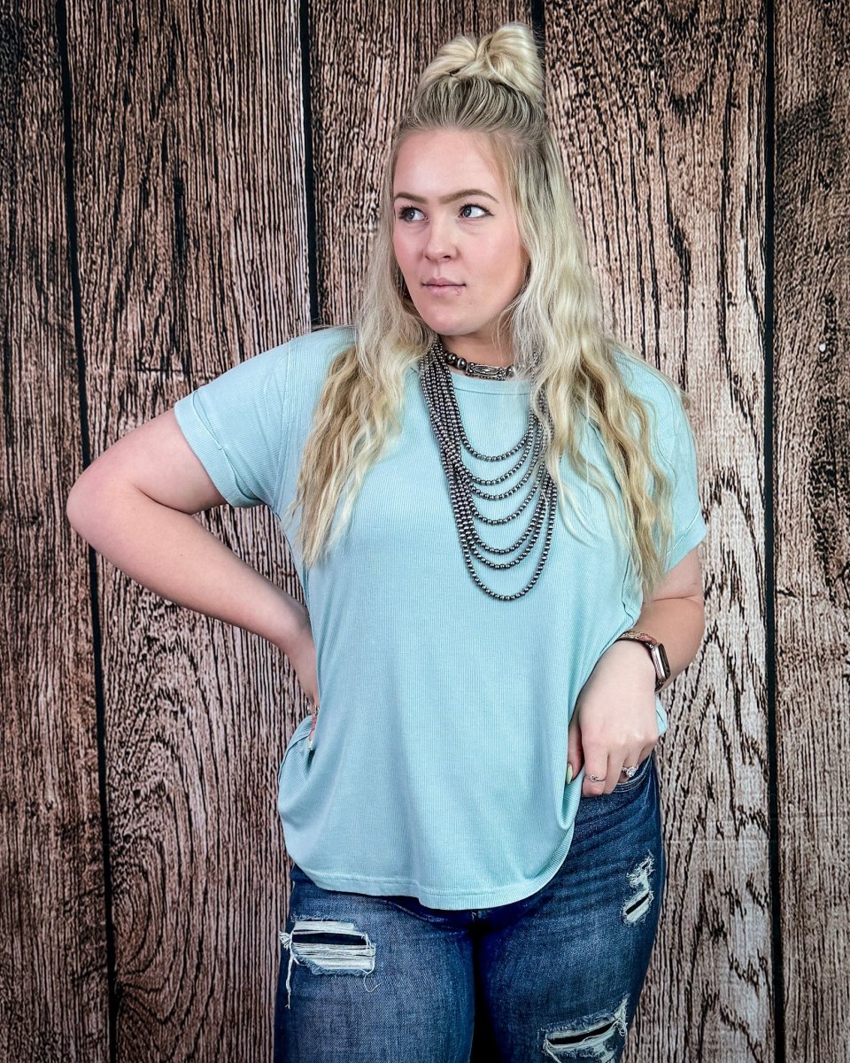 Canyon Fade Washed Ribbed Top in Dusty Aqua