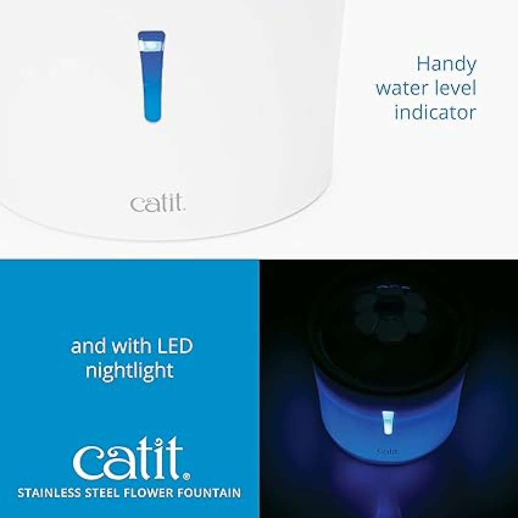 Catit LED Stainless Steel Top Flower Drinking Fountain for Cats