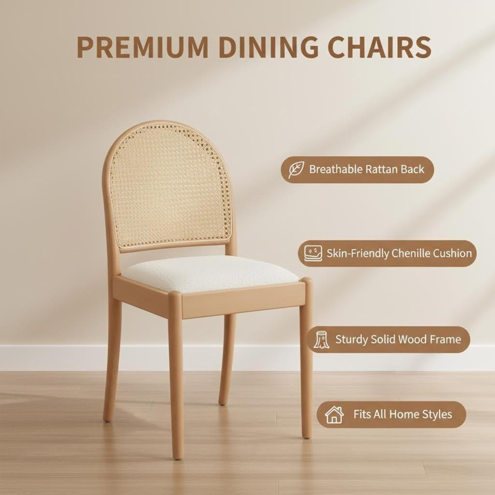 Upholstered Dining Chair Set with Rattan and Wood Accents