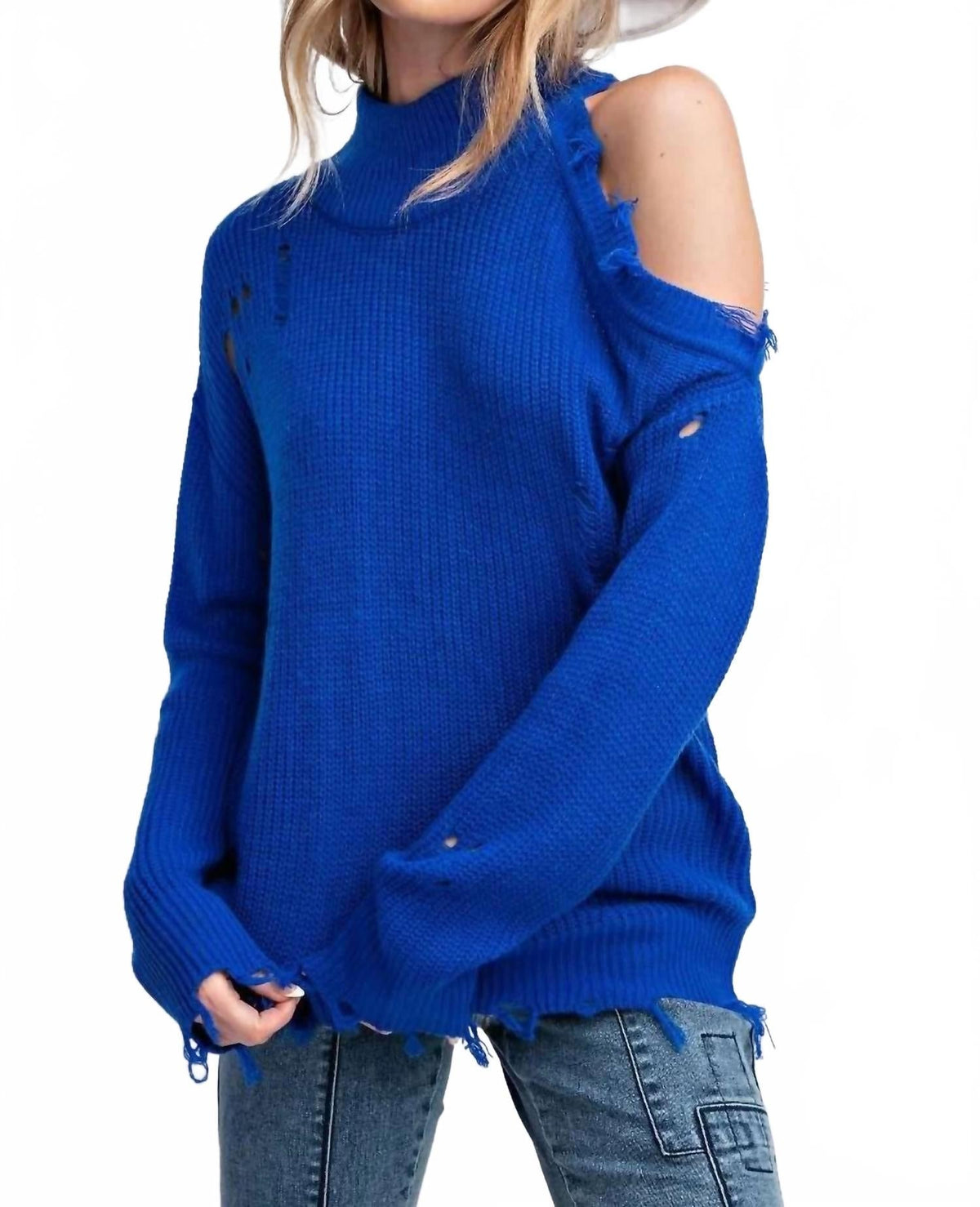 Lauren Cold Shoulder Distressed Sweater In Royal Blue