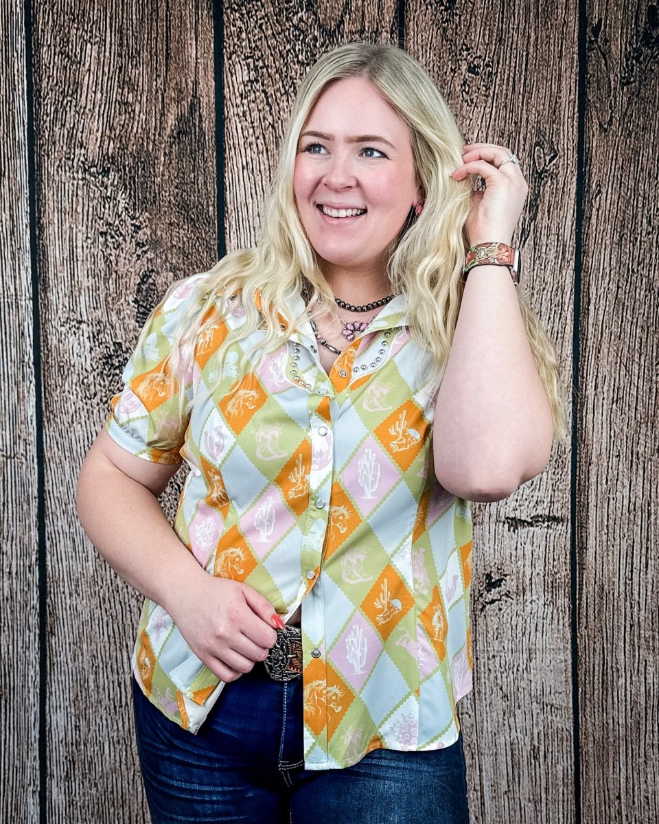 Celeste Puff Sleeve Studded Pearl Snap Shirt in Checkered Print by Lucky and Blessed