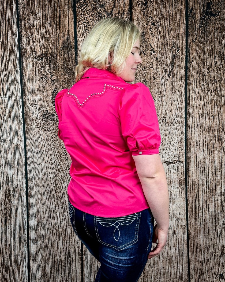 Celeste Puff Sleeve Studded Pearl Snap Shirt in Pink by Lucky and Blessed