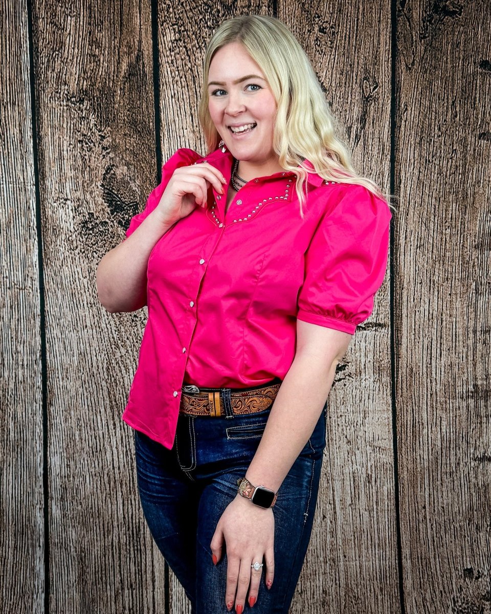 Celeste Puff Sleeve Studded Pearl Snap Shirt in Pink by Lucky and Blessed