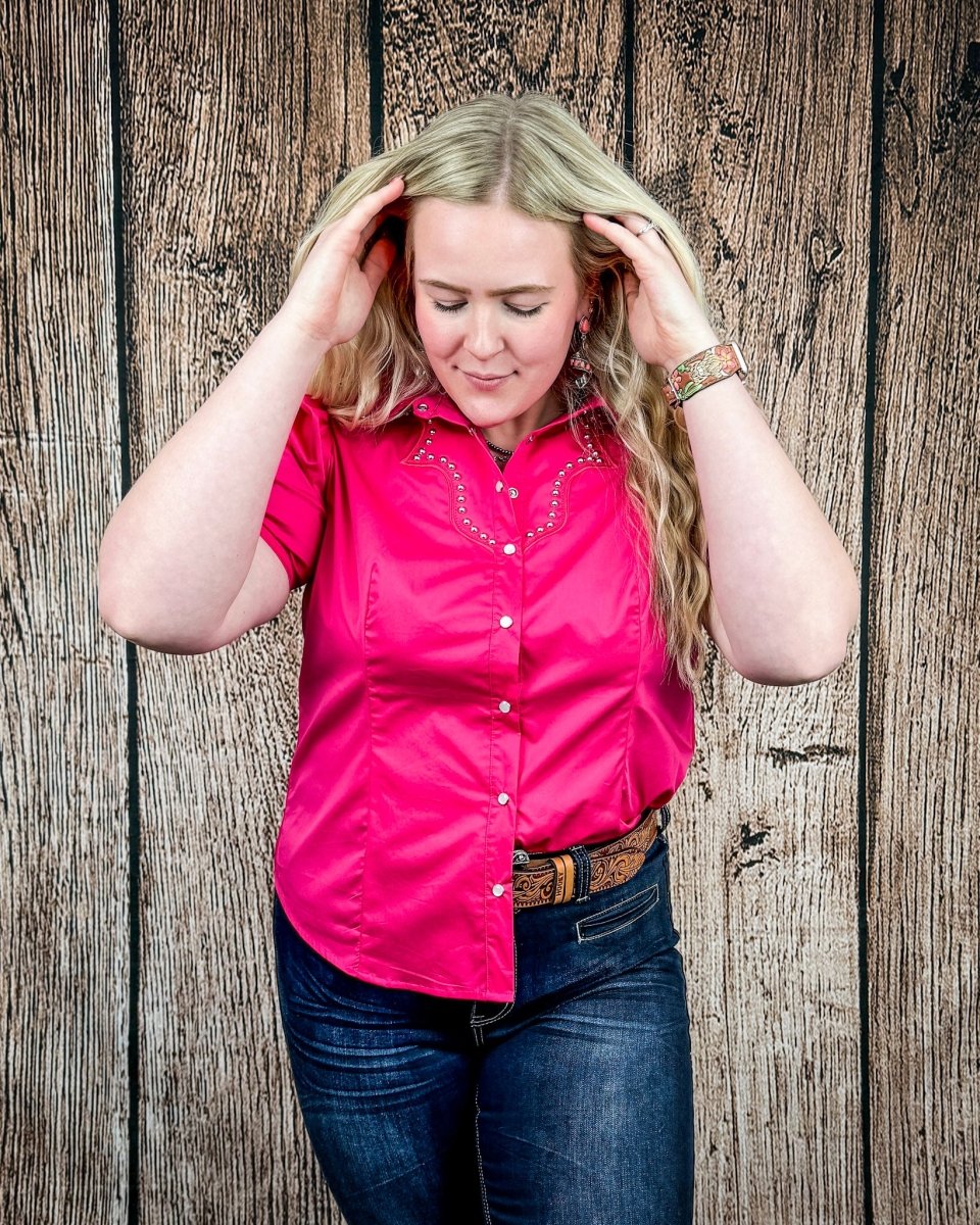 Celeste Puff Sleeve Studded Pearl Snap Shirt in Pink by Lucky and Blessed