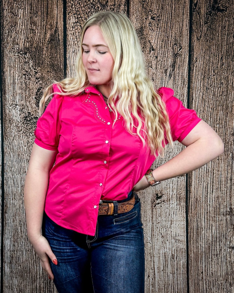 Celeste Puff Sleeve Studded Pearl Snap Shirt in Pink by Lucky and Blessed