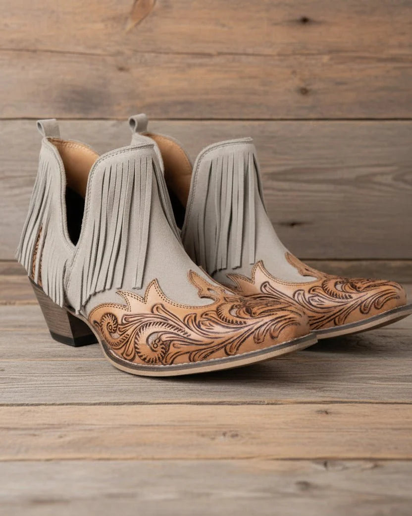 Cimarron Belle Fringe Tooled Leather Booties in Tan by Myra Bag