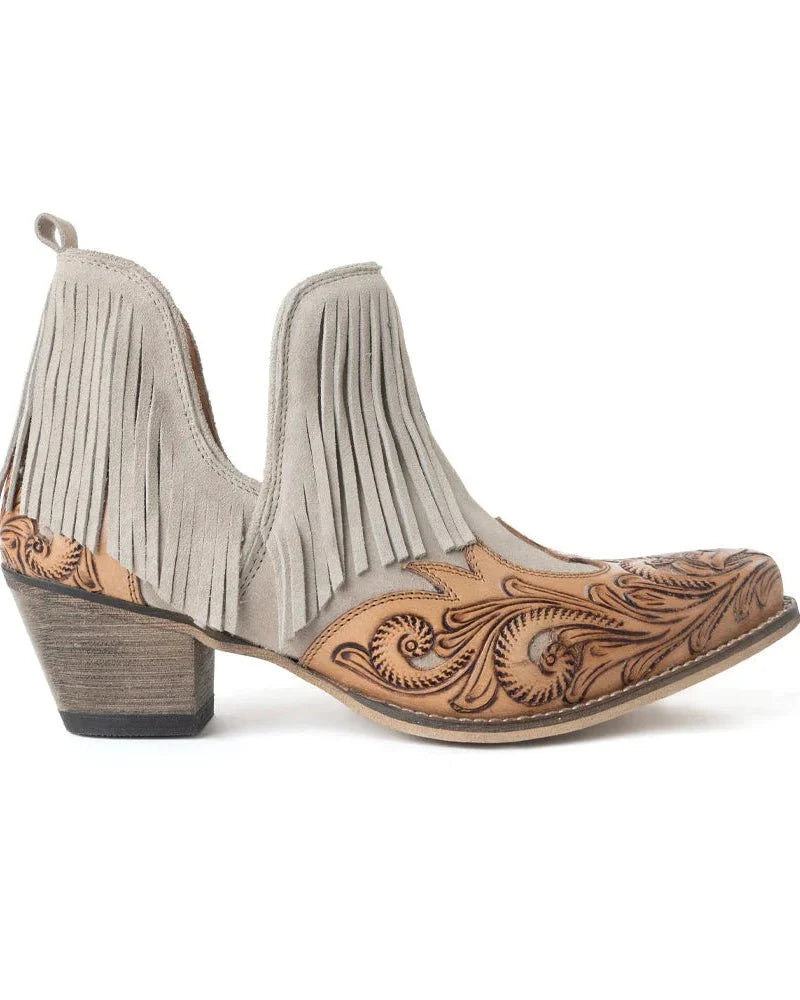 Cimarron Belle Fringe Tooled Leather Booties in Tan by Myra Bag