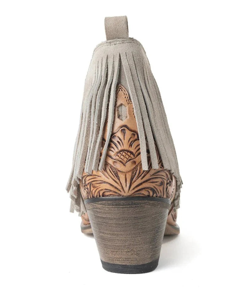 Cimarron Belle Fringe Tooled Leather Booties in Tan by Myra Bag
