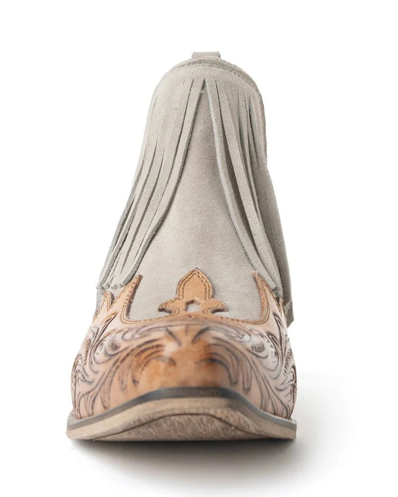 Cimarron Belle Fringe Tooled Leather Booties in Tan by Myra Bag
