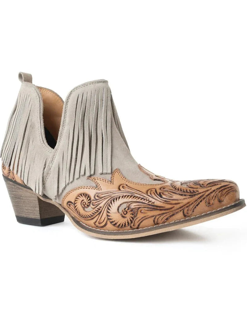 Cimarron Belle Fringe Tooled Leather Booties in Tan by Myra Bag