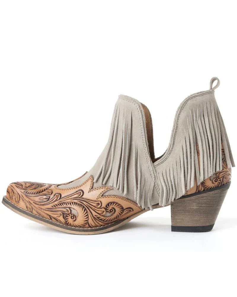 Cimarron Belle Fringe Tooled Leather Booties in Tan by Myra Bag