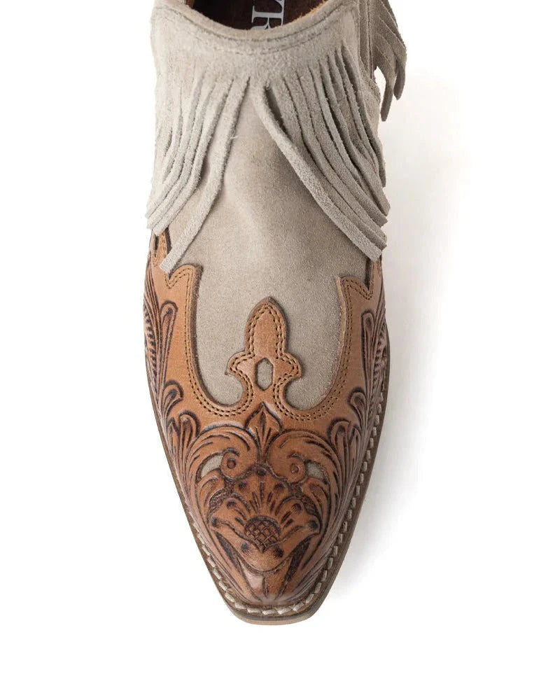 Cimarron Belle Fringe Tooled Leather Booties in Tan by Myra Bag