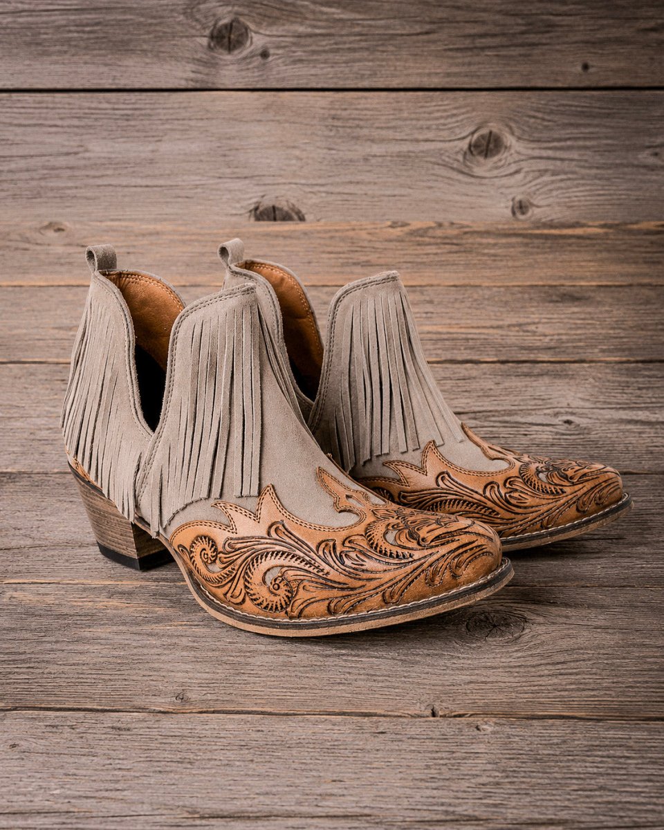 Cimarron Belle Fringe Tooled Leather Booties in Tan by Myra Bag