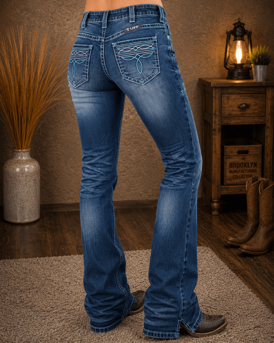 Colorful BootStitch Bootcut Jeans in Medium Wash by Cowgirl Tuff