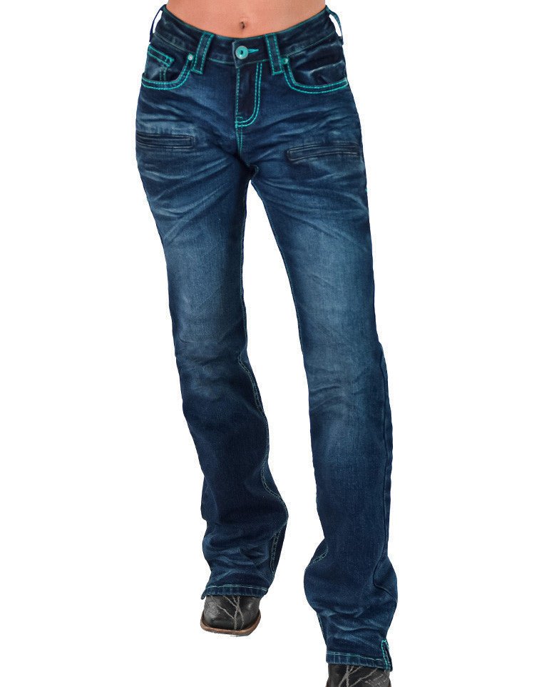 Colorful BootStitch Bootcut Jeans in Medium Wash by Cowgirl Tuff