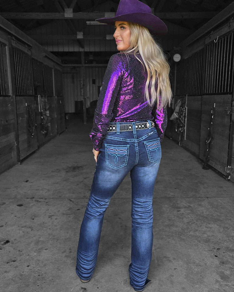 Colorful BootStitch Bootcut Jeans in Medium Wash by Cowgirl Tuff