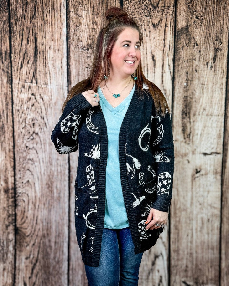 Cowgirl Collage Knit Cardigan in Black by Lucky & Blessed