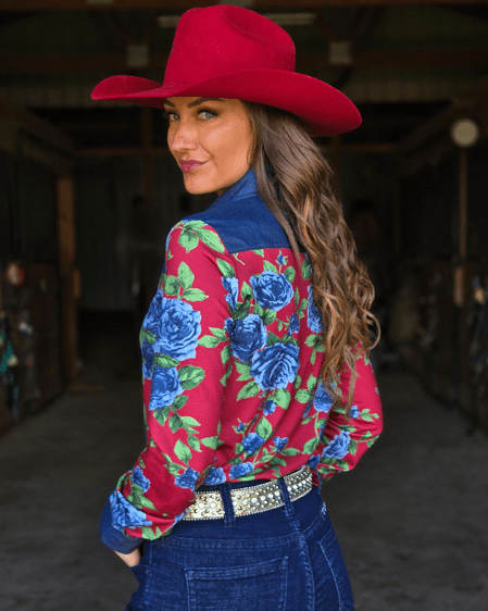 Cowgirl Tuff Denim Rose Pullover Button Up