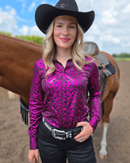 Cowgirl Tuff Pink and Black Starlight Shatter Pullover Button Up