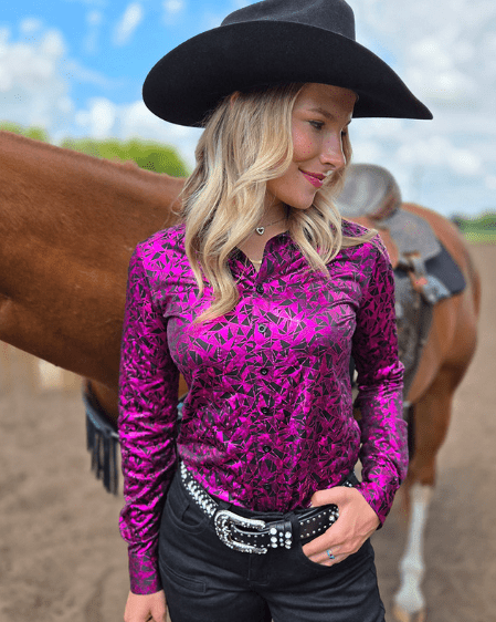 Cowgirl Tuff Pink and Black Starlight Shatter Pullover Button Up