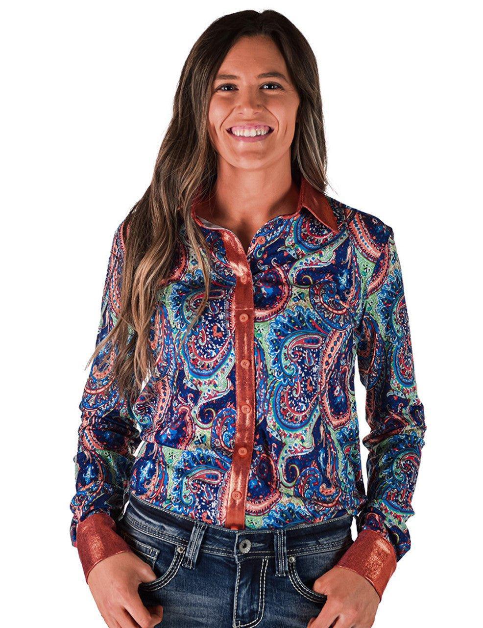 Cowgirl Tuff Twilight Tessa Pullover Button Up Paisley With Rust Foil Metallic Accents