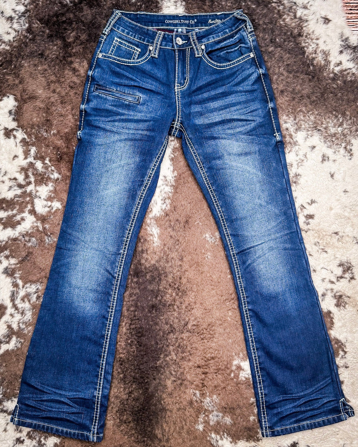 White Boot Stitch Flannel-Lined Bootcut Jeans by Cowgirl Tuff