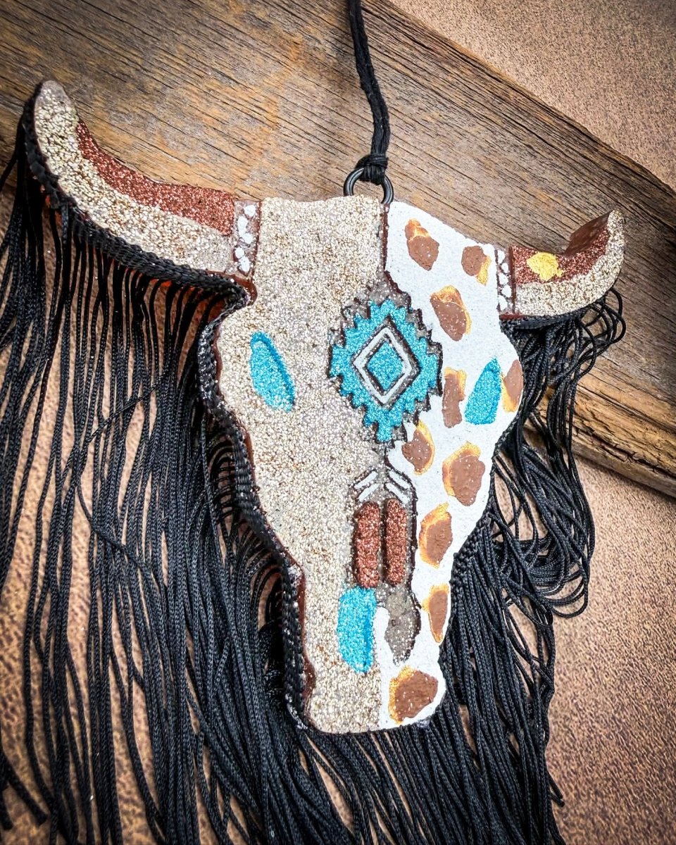 Cowhide Crush Bull Skull Car Freshie in Leather & Lace