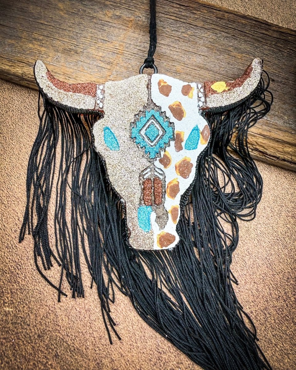 Cowhide Crush Bull Skull Car Freshie in Leather & Lace