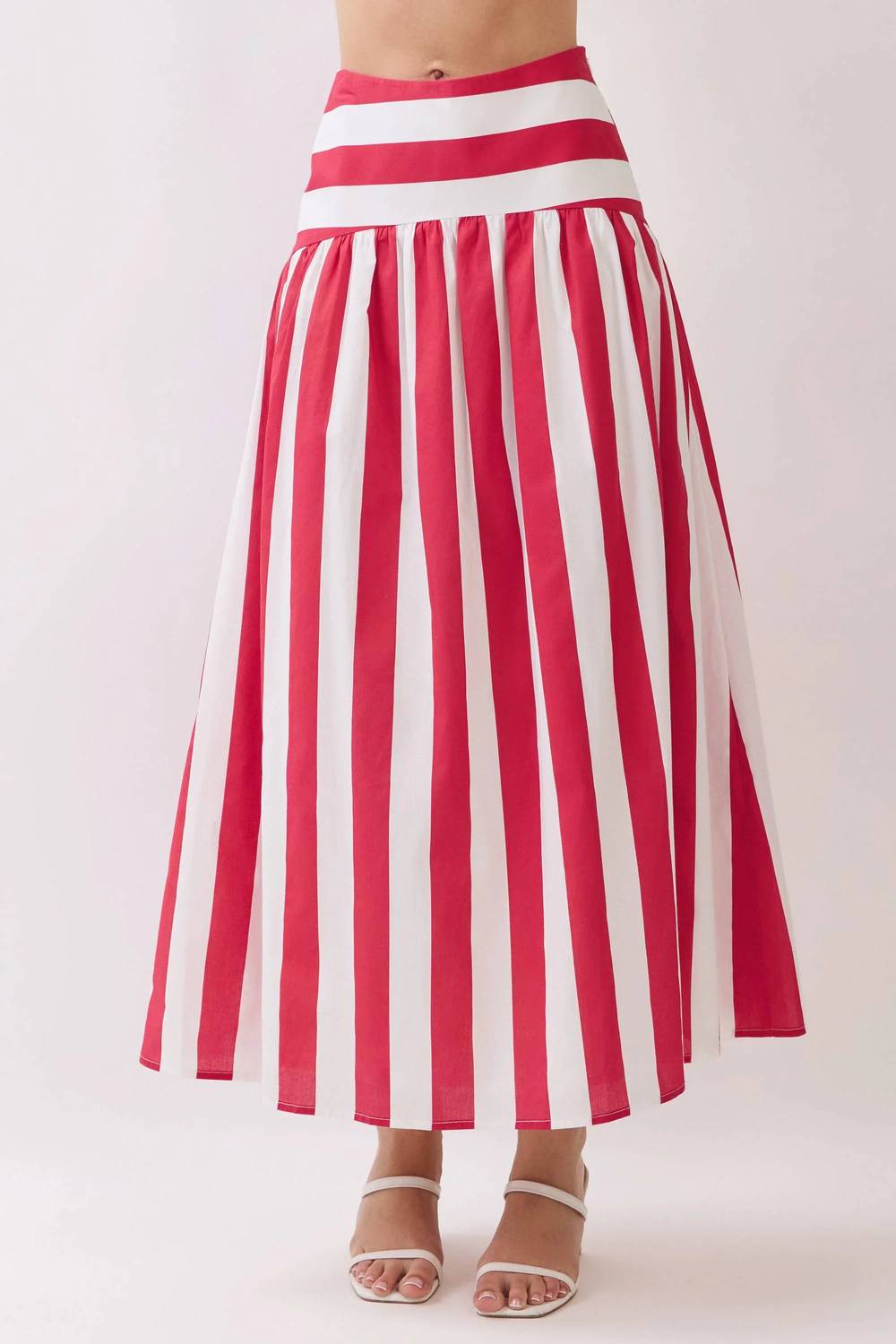 Stripe Drop-Waist A-Line Maxi Skirt In Red