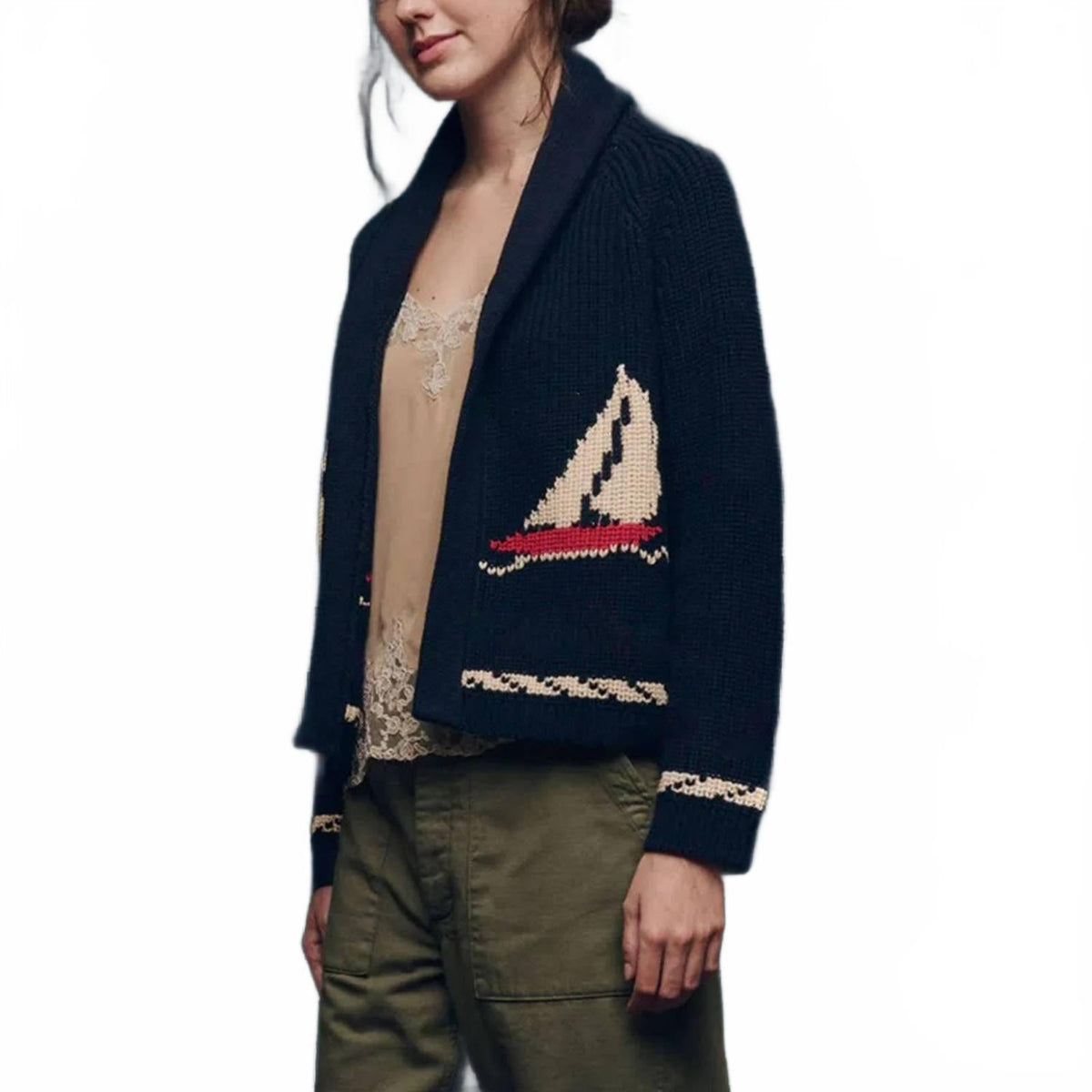 Ocean Sailboat Jacquard Shawl Cardigan In Navy