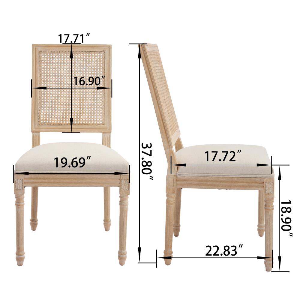 Solid Wood Dining Chairs with Square Rattan Backrests and Upholstered Seating