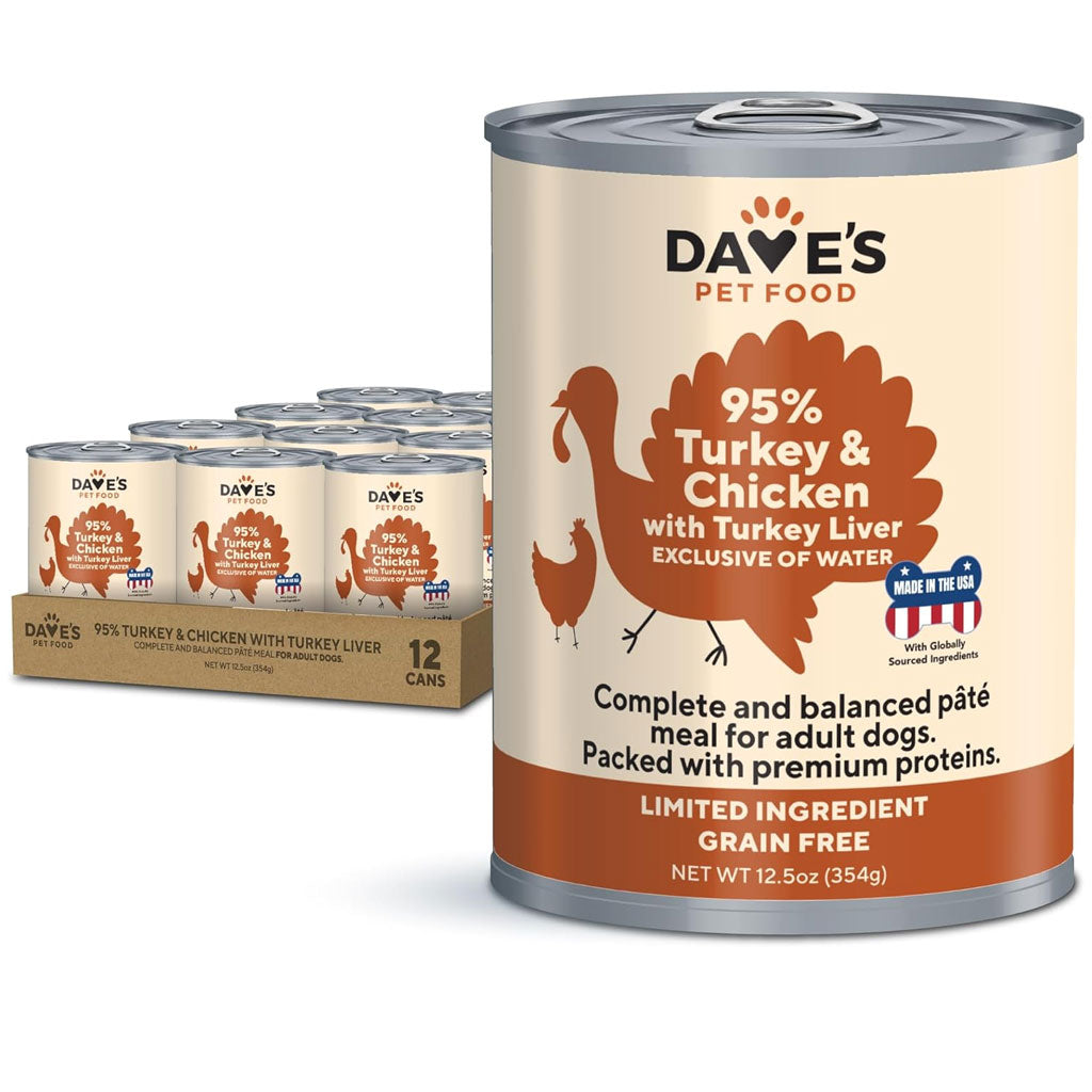 Dave's Pet Food 95% Premium Turkey & Chicken Pate Limited Ingredient Grain-Free Canned Wet Dog Food, 12.5-oz can, case of 12