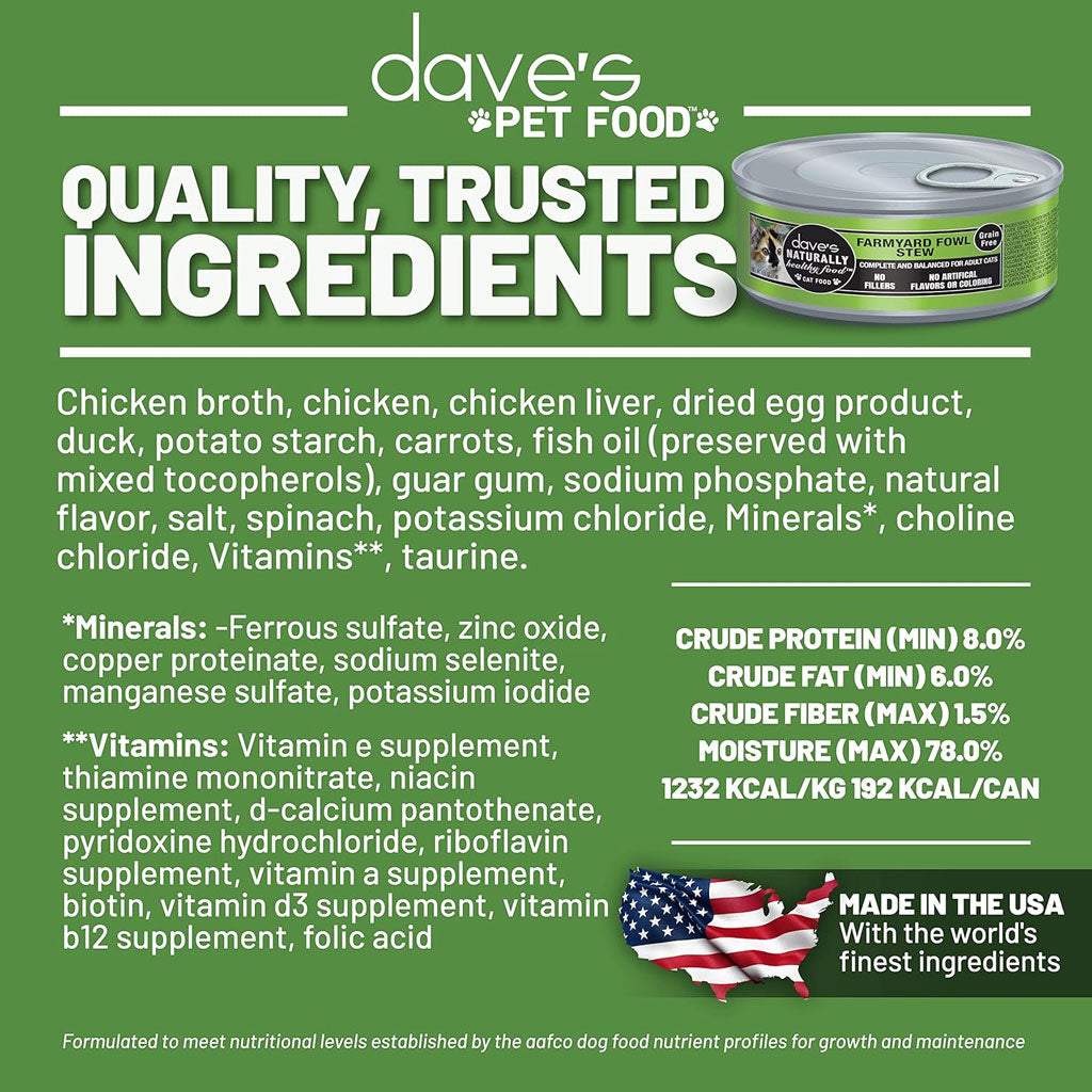 Dave's Pet Food Farmyard Fowl Stew Grain-Free Canned Wet Cat Food, 5.5-oz can, case of 24