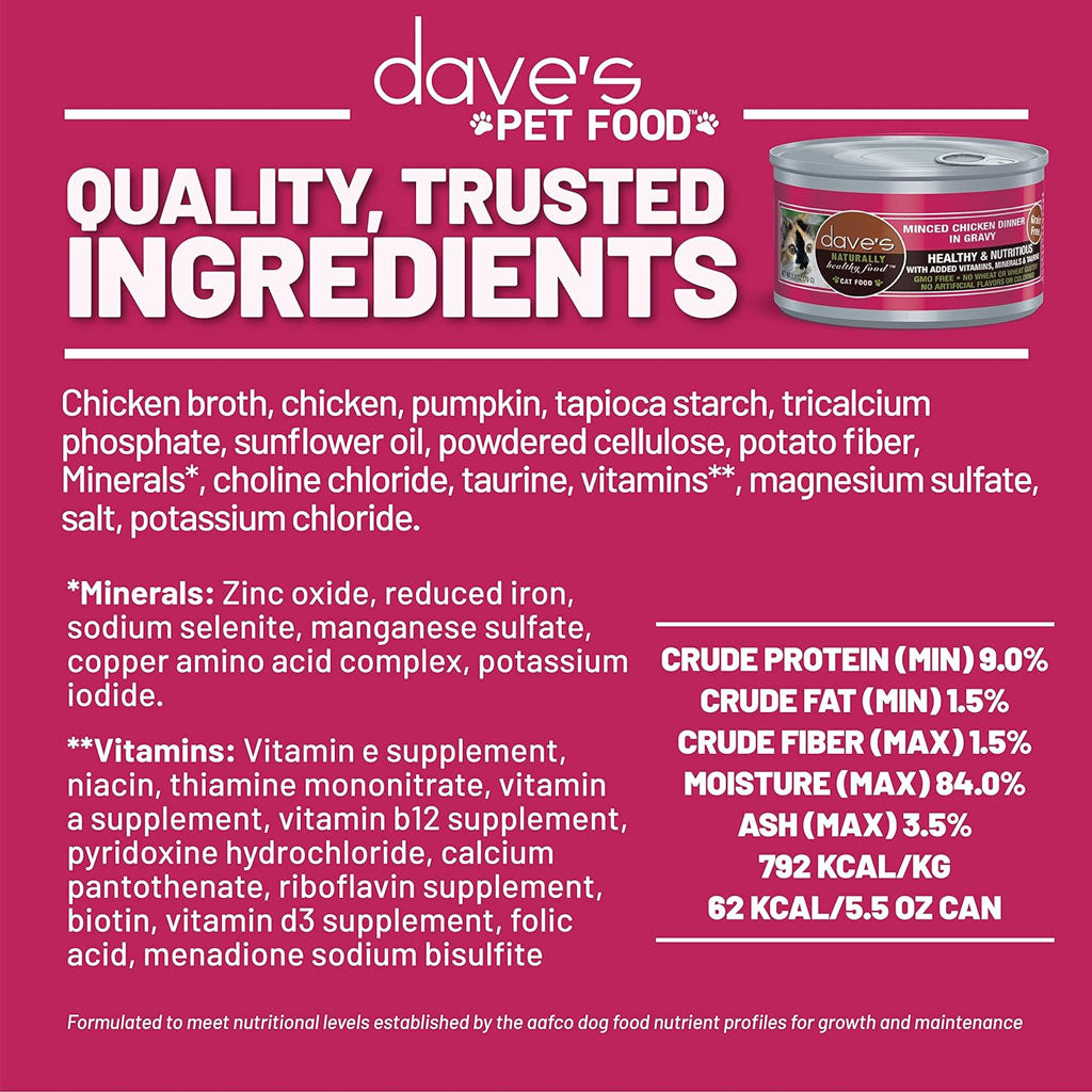 Dave's Pet Food Minced Chicken Dinner in Gravy Canned Wet Cat Food, 2.8-oz can, case of 24