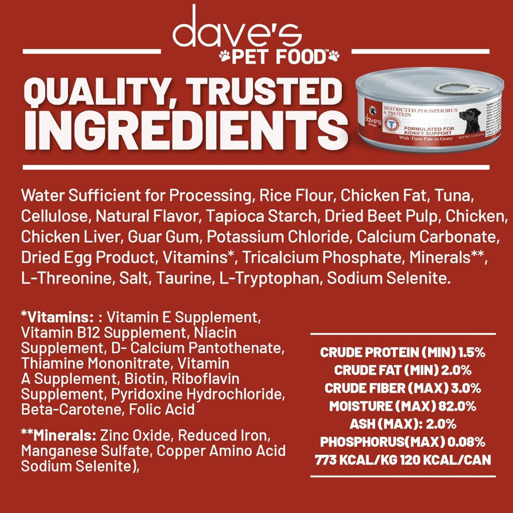 Dave's Pet Food Restricted Diet Phosphorus & Protein Kidney Support Tuna Pate in Gravy Wet Food for Dogs