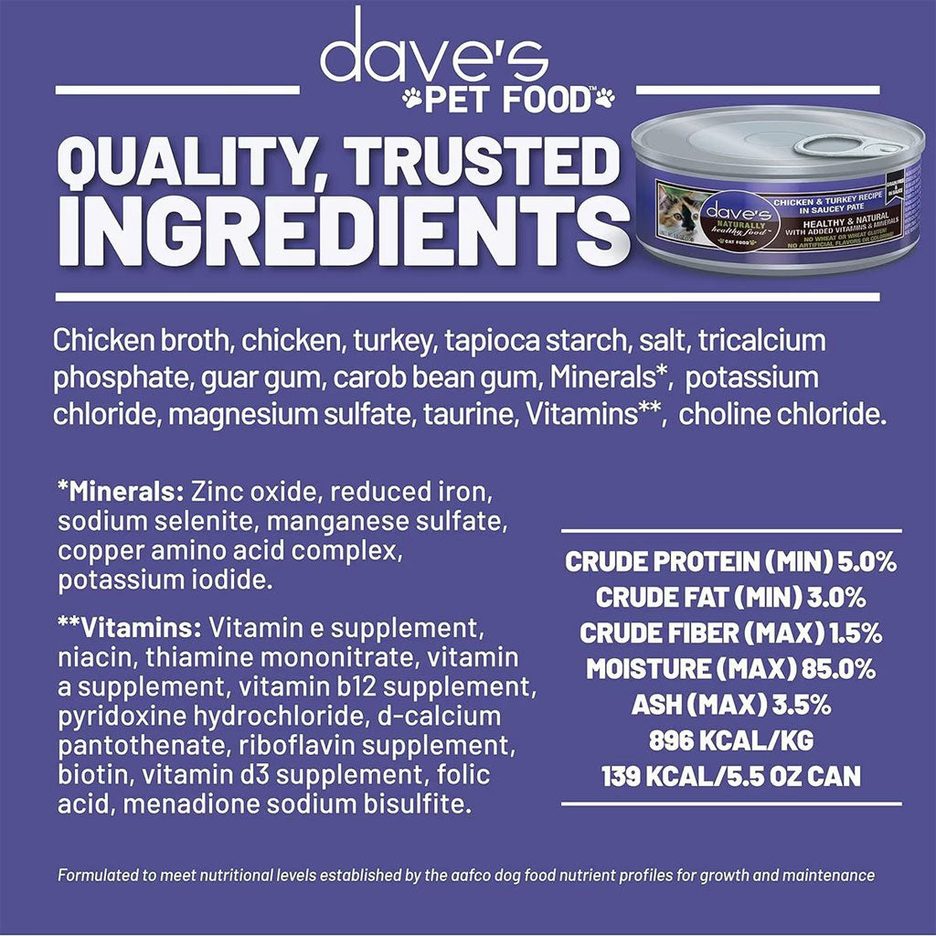 Dave's Pet Food Saucey Pate Chicken & Turkey Recipe Grain-Free Canned Wet Cat Food, 5.5-oz can, case of 24