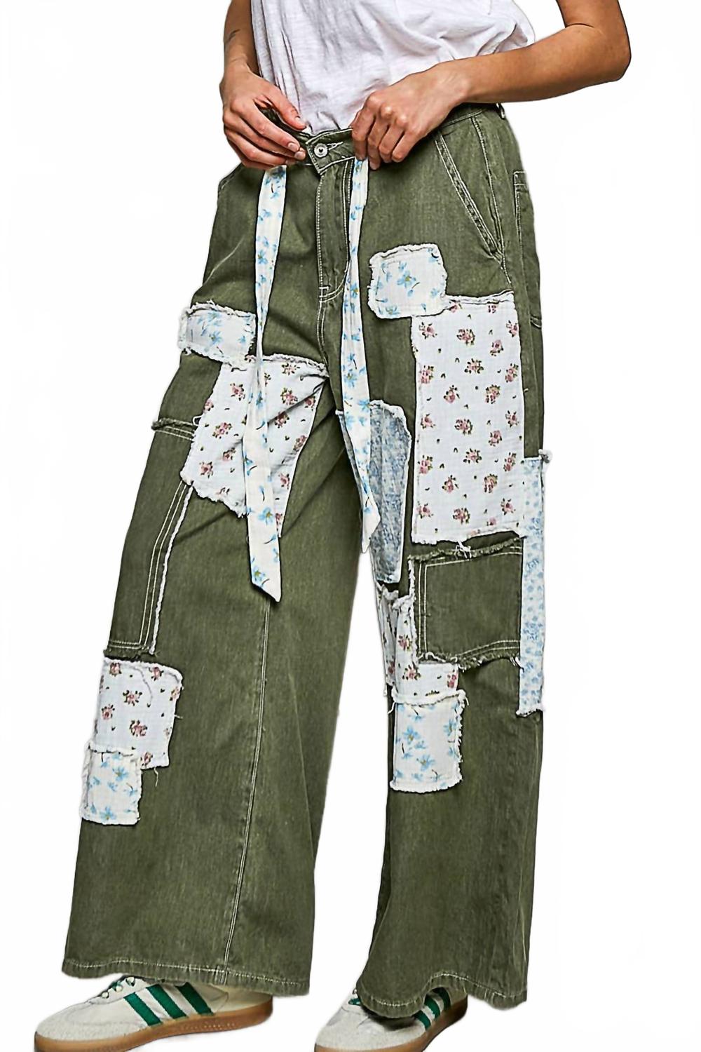 Patchwork Detail Denim Straight Fit Pants In Olive Multi