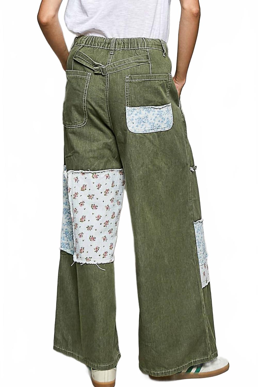 Patchwork Detail Denim Straight Fit Pants In Olive Multi