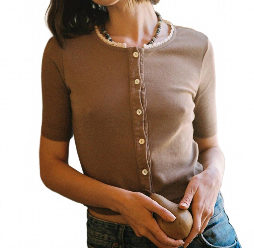 Short Sleeve Organic Cardigan In Chestnut