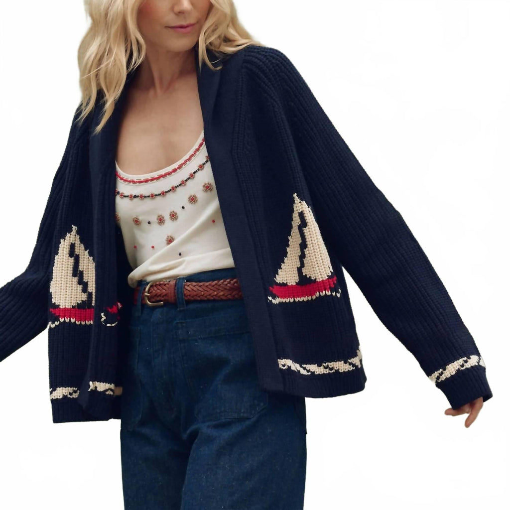 Ocean Sailboat Jacquard Shawl Cardigan In Navy