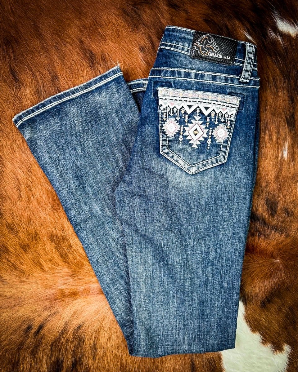 Desert Loom Aztec Bootcut Jeans in Dark Wash by Grace in LA
