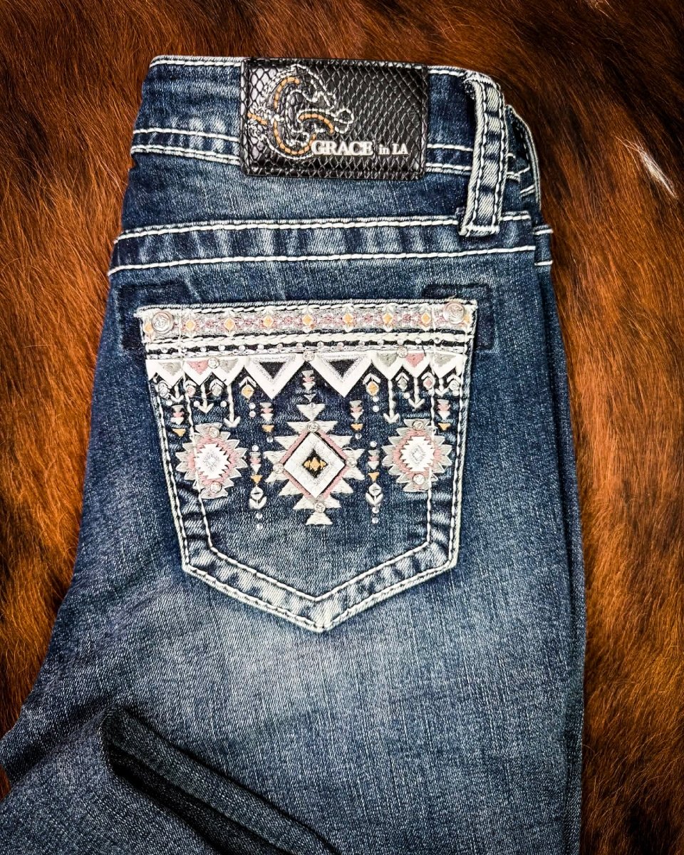 Desert Loom Aztec Bootcut Jeans in Dark Wash by Grace in LA
