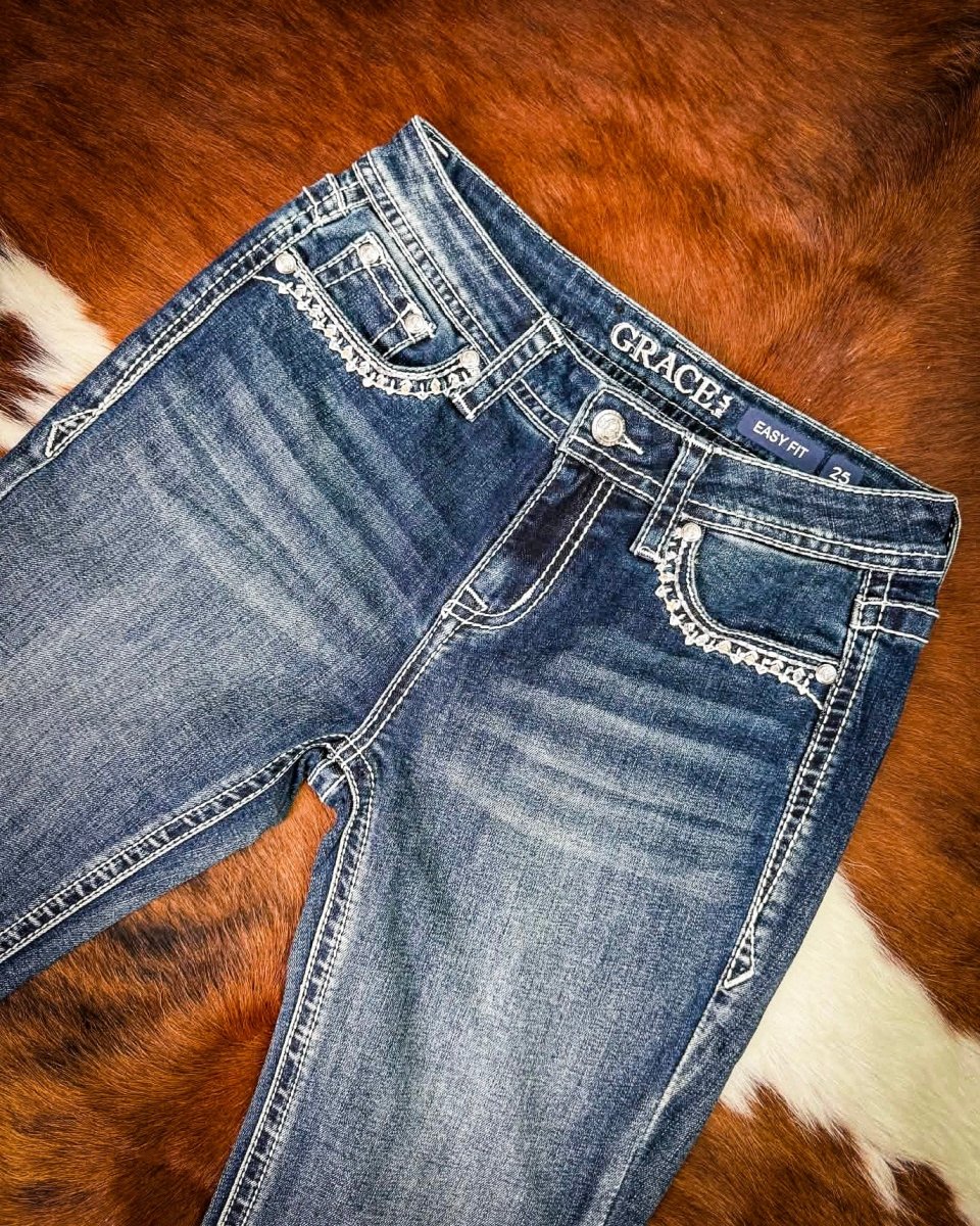 Desert Loom Aztec Bootcut Jeans in Dark Wash by Grace in LA