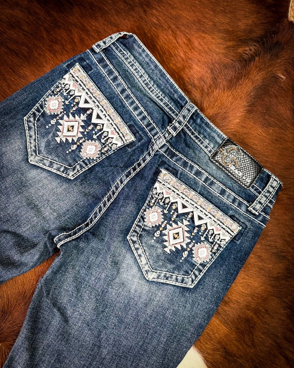 Desert Loom Aztec Bootcut Jeans in Dark Wash by Grace in LA