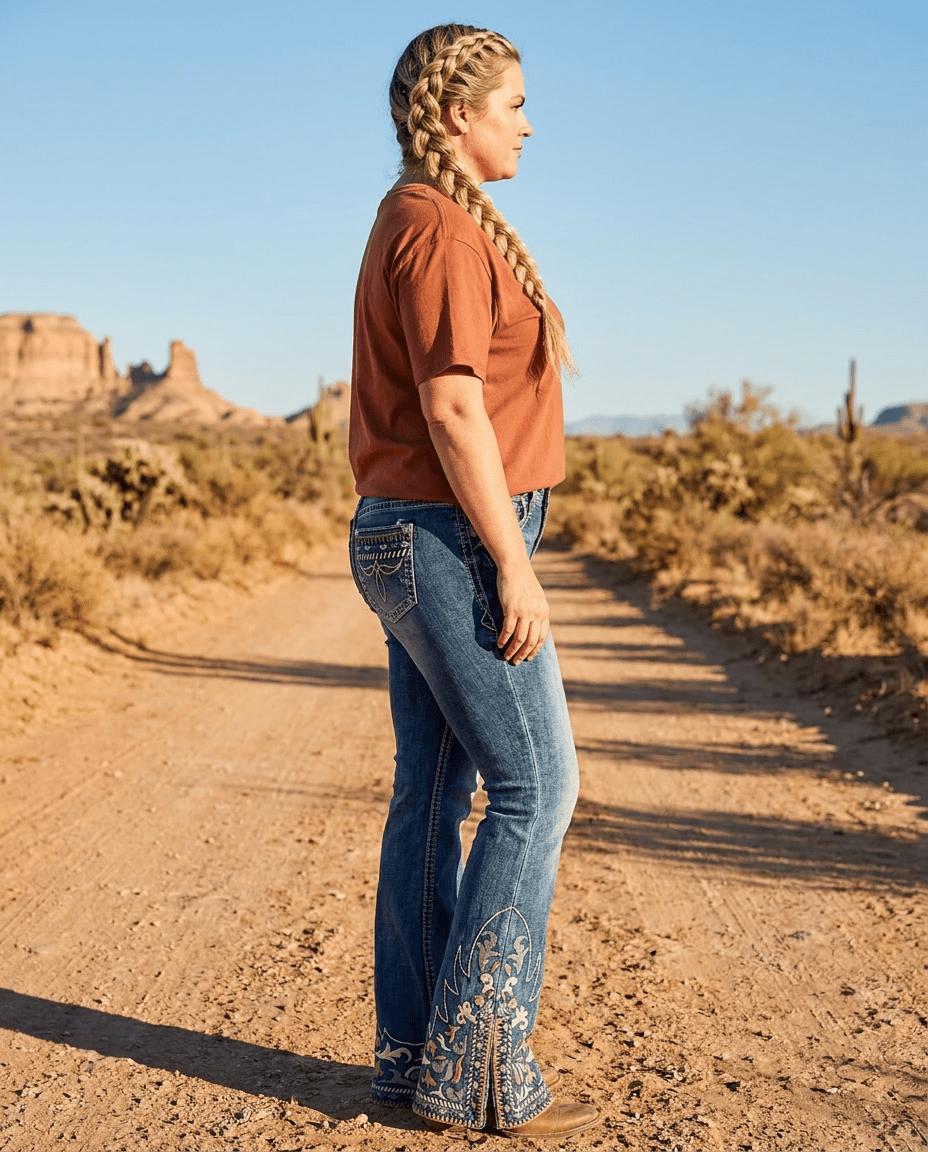 Desert Scroll Easy Flare Jeans in Dark Wash by Grace in LA