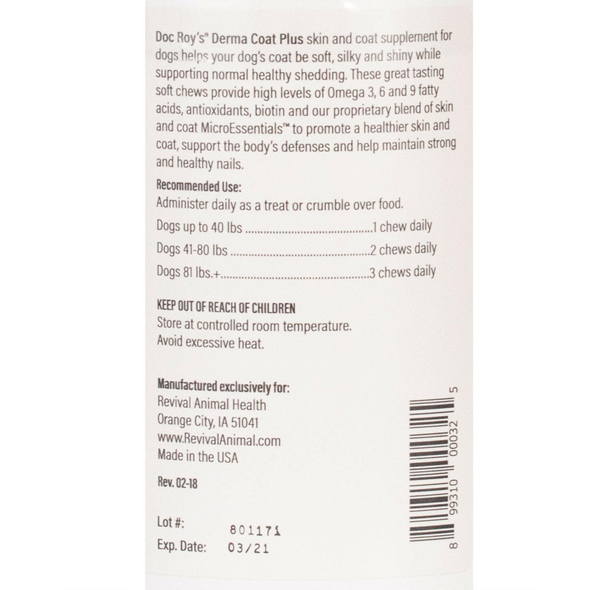 Doc Roy's Derma Coat Plus Soft Chews, 60 ct Large