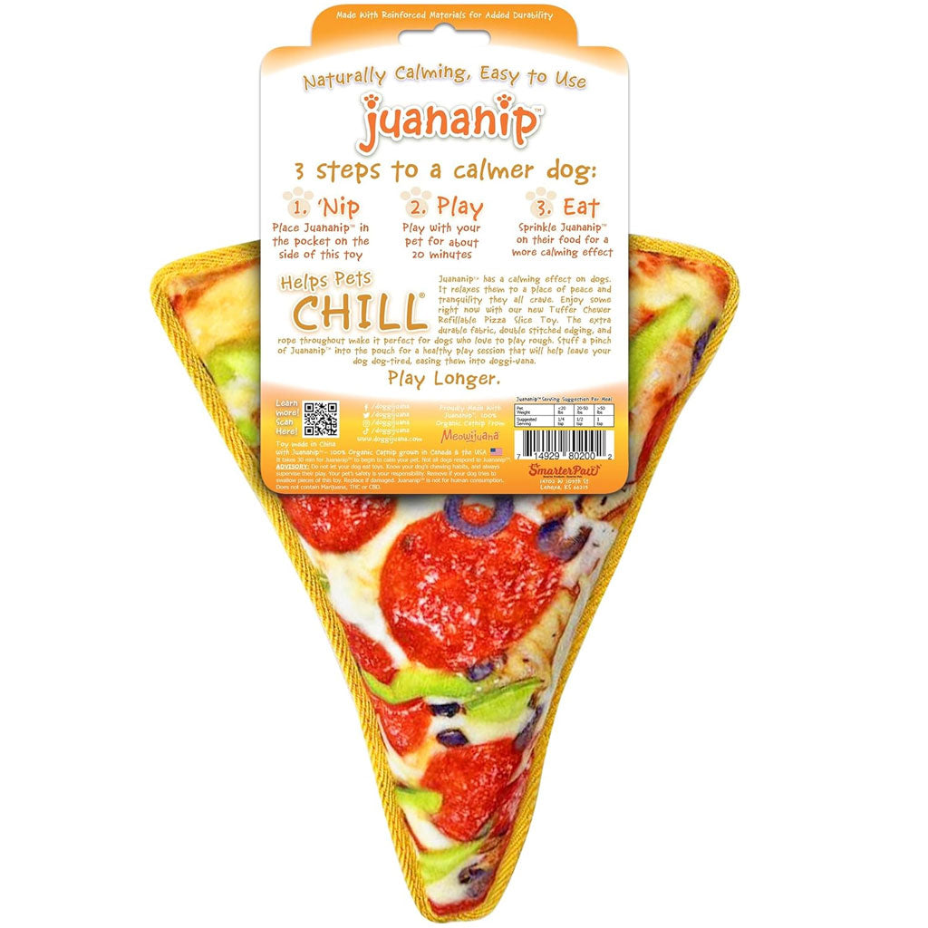 Doggijuana Tuffer Chewer Refillable Juananip Supreme Pizza Squeaky Dog Plush Toy, 1 count
