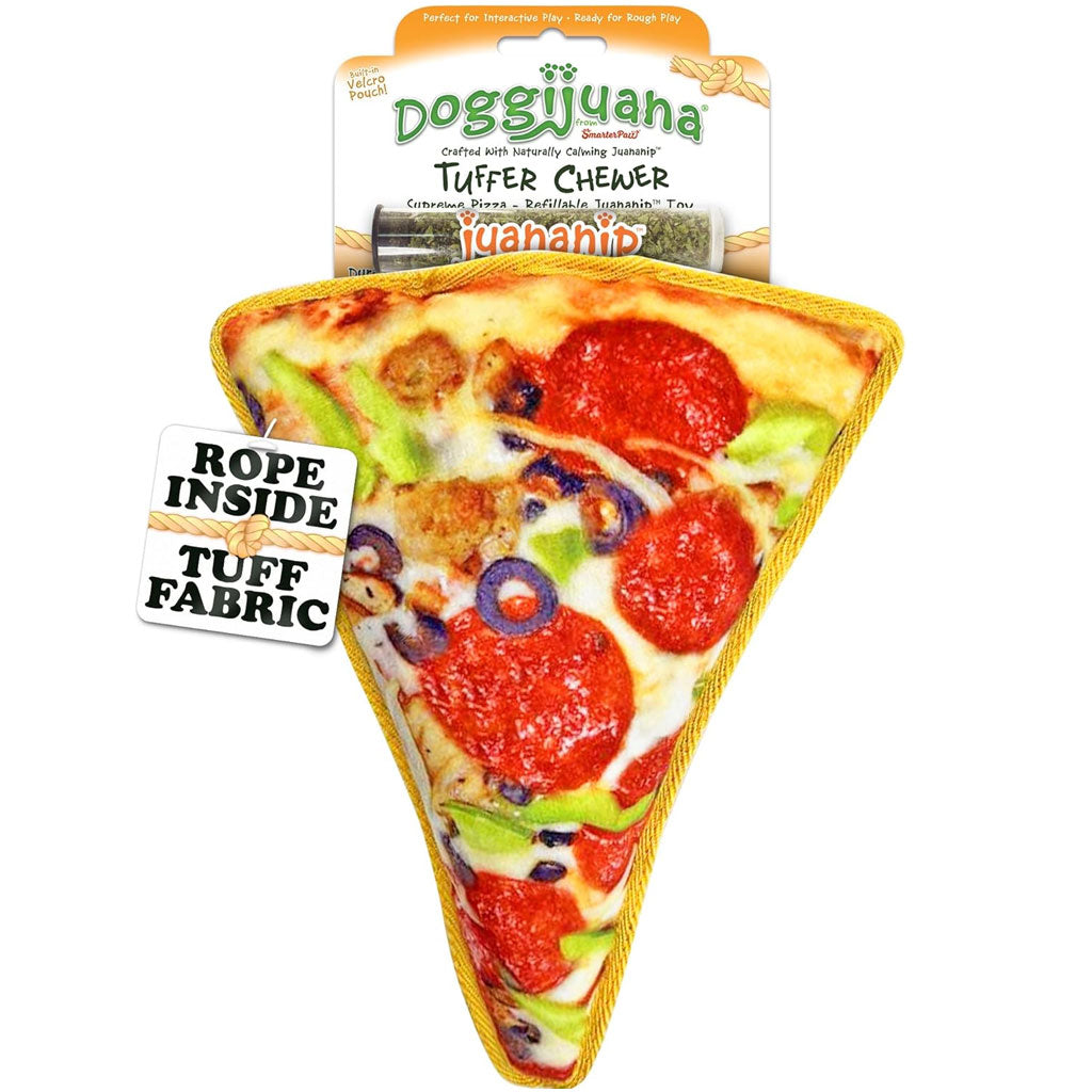 Doggijuana Tuffer Chewer Refillable Juananip Supreme Pizza Squeaky Dog Plush Toy, 1 count