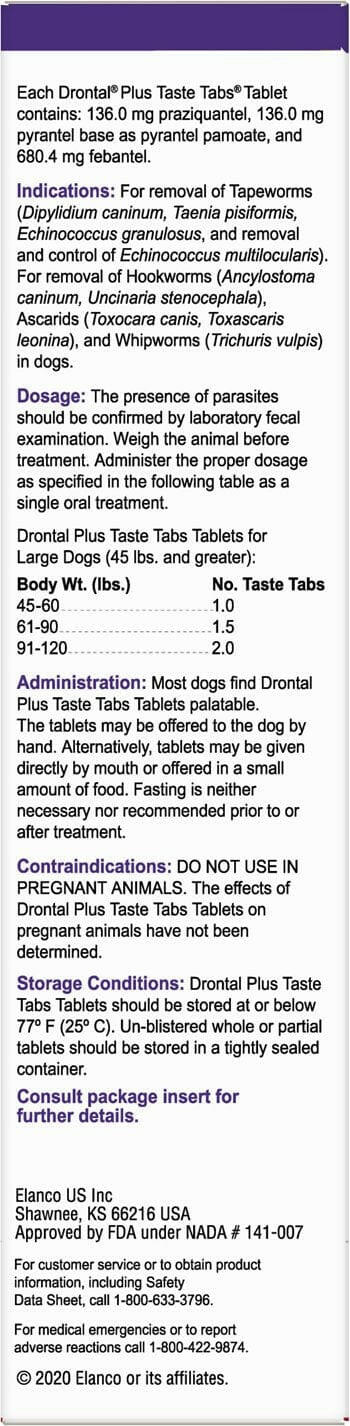 Drontal Plus for Large Dogs 45+ lbs (30 taste tabs)